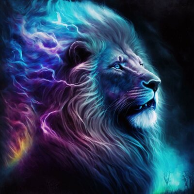 Poster Portret van een leeuw met bliksemschichten