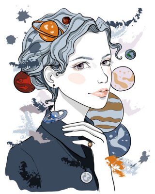 Poster Portret van een mooi meisje met planeten rond haar gezicht. Mode vectorillustratie op abstracte achtergrond
