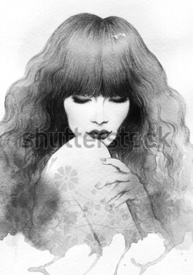 Poster Portret van een vrouw met lang, golvend haar.