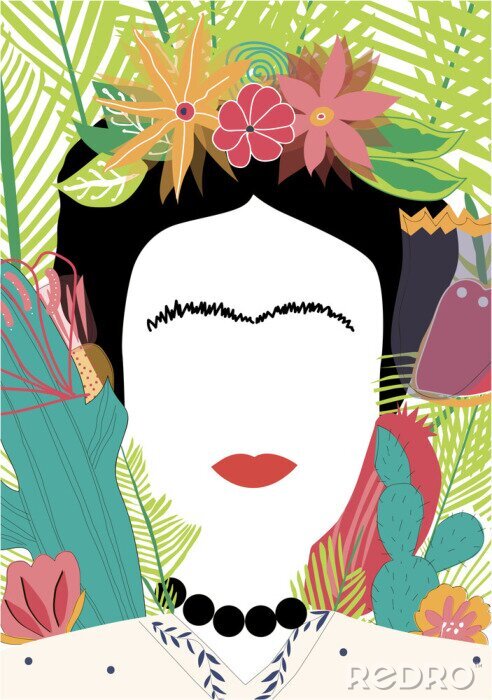 Poster Portret van Mexicaanse of Spaanse vrouwen minimalistische Frida Kahlo met bloemen, bladeren, cactus