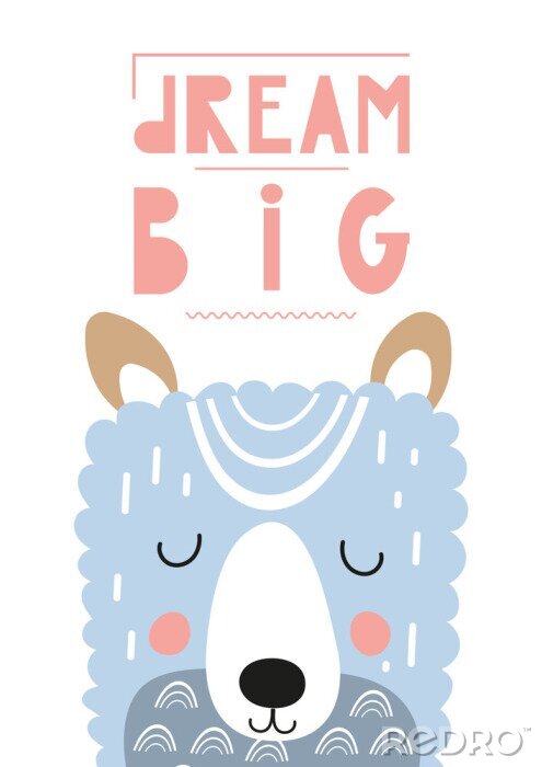 Poster Poster for nursery scandi design with cute llama in Scandinavian style. Vector Illustration. Kids illustration for baby clothes, greeting card, wrapping paper. Lettering Big dream.