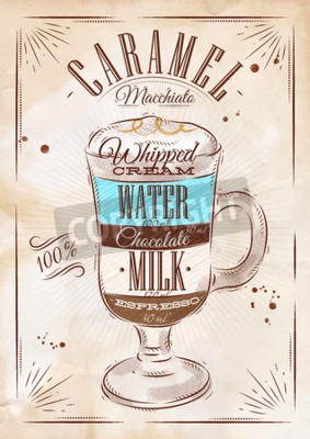 Poster Poster koffie caramel macchiato in vintage stijl tekening