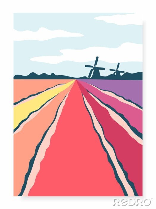 Poster Poster with abstract hand drawn tulip fields and mills. Netherlands landscape. Mills in the blooming tulip field. Field of tulips, flat design.