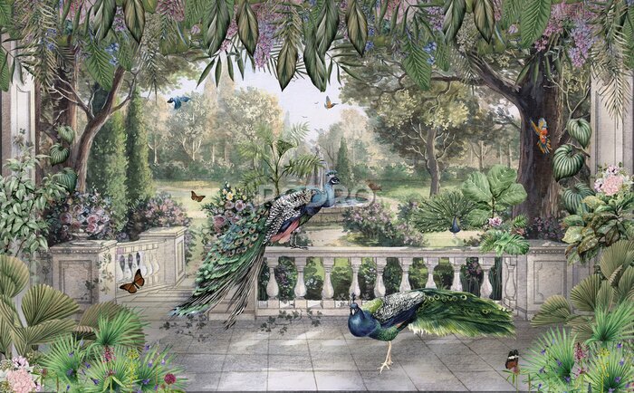 Poster Prachtige pauwvogels in een tropische tuin