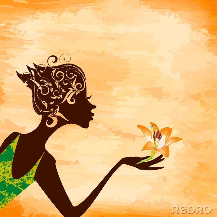 Poster Profiel van een meisje met een bloem op grunge achtergrond