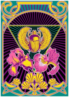 Poster Psychedelic Art Style Poster, Egyptian Scarab and Iris Flowers, Art Nouveau Frame, Psychedelic Color Combination, 1960s Hippie Music Album Covers Stylization 
