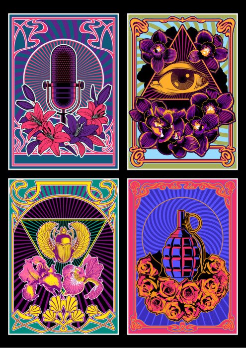 Poster Psychedelic Posters 1960s Hippie Art Style, Microphone, Eye in Triangle, Egyptian Scarab, Grenade, Flowers Psychedelic Colors, Art Nouveau Frames