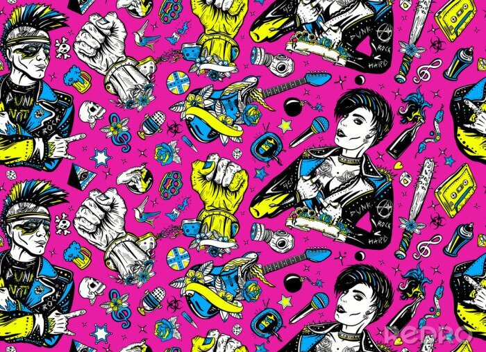 Poster Punk and rock music seamless pattern. Punker with mohawk hairstyle, rock woman, guitarist girl. Hooligans lifestyle. Street culture concept. Electric guitar. Anarchy art. Old school tattoo style