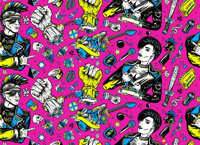 Poster Punk and rock music seamless pattern. Punker with mohawk hairstyle, rock woman, guitarist girl. Hooligans lifestyle. Street culture concept. Electric guitar. Anarchy art. Old school tattoo style