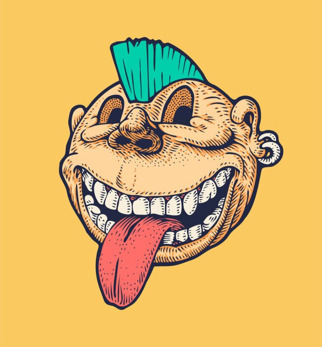 Poster Punk Emoticon with a crest on the head and tongue hanging out. Drawing Style. Vector illustration.
