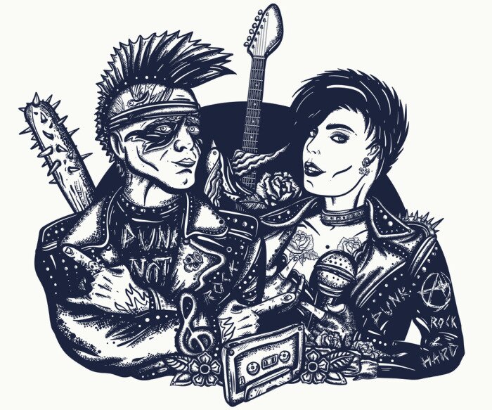 Poster Punk music. Musicians and electric guitar. Street music culture. Tattoo and t-shirt design. Punker with mohawk hairstyle, guitarist. Anarchy art. Rock and roll couple. Hooligans lifestyle