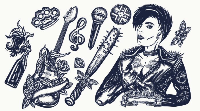 Poster Punk music set. Old school tattoo vector collection. Punker with mohawk hairstyle, rock woman, guitarist girl. Hooligans lifestyle. Electric guitar. Anarchy art