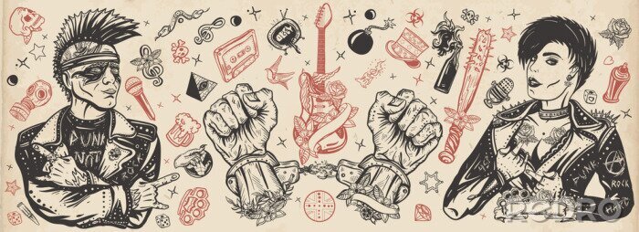 Poster Punk rock music. Old school tattoo vector collection. Punker with mohawk hairstyle, rock woman, guitarist girl. Electric guitar. Anarchy art. Hooligans lifestyle. Traditional tattooing style
