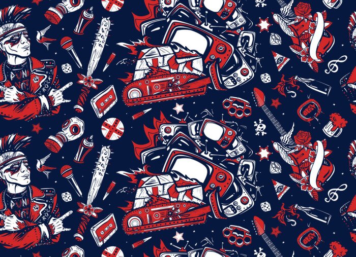 Poster Punk rock music. Street culture musical art. Hooligans lifestyle. Electric guitar. Anarchy. Consumer society. Protest concept. Seamless pattern. Punker with mohawk hairstyle, audio type, bulldozer