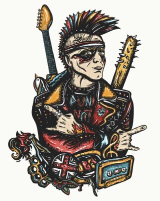 Poster Punk rock. Street music culture. Tattoo and t-shirt design. Punker with mohawk hairstyle, musician and electric guitar. Guitarist. Hooligans lifestyle. Anarchy art