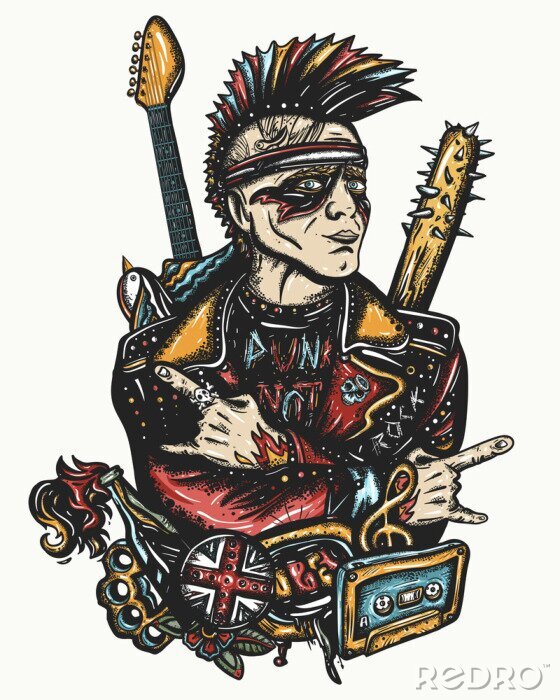 Poster Punk rock. Street music culture. Tattoo and t-shirt design. Punker with mohawk hairstyle, musician and electric guitar. Guitarist. Hooligans lifestyle. Anarchy art