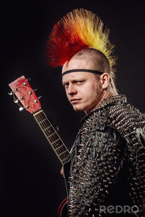 Poster punk rocker met Mohawk op een zwarte achtergrond.