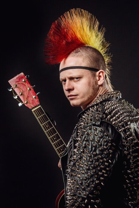 Poster punk rocker met Mohawk op een zwarte achtergrond.