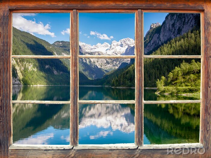 Poster Raam met uitzicht op het meer van Gosau