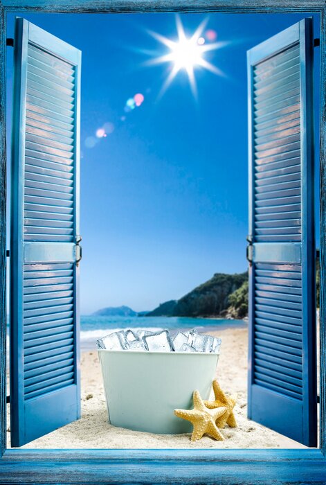 Poster Raam met uitzicht op het strand