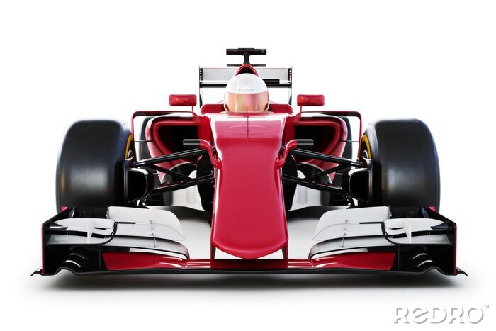 Poster Race auto en chauffeur vooraanzicht op een witte achtergrond geïsoleerd. 3D-rendering