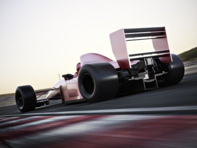 Poster Raceauto terug bekijken versnellen van een track met motion blur. Fotorealistische 3D-scène met ruimte voor tekst of kopie ruimte