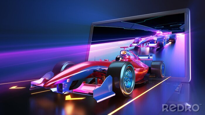 Poster Racing car flying out of laptop screen