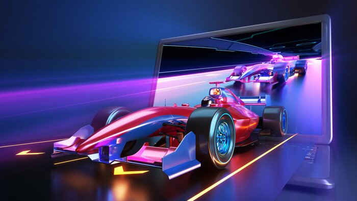 Poster Racing car flying out of laptop screen