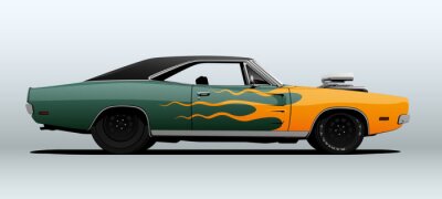 Racing muscle car in vector with flames on body.
