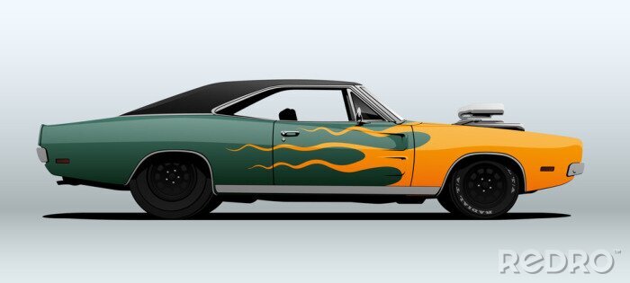 Poster Racing muscle car in vector with flames on body.
