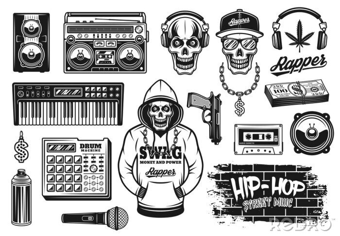 Poster Rap and hip hop music attributes vector objects