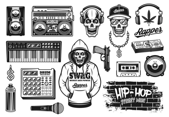 Poster Rap and hip hop music attributes vector objects