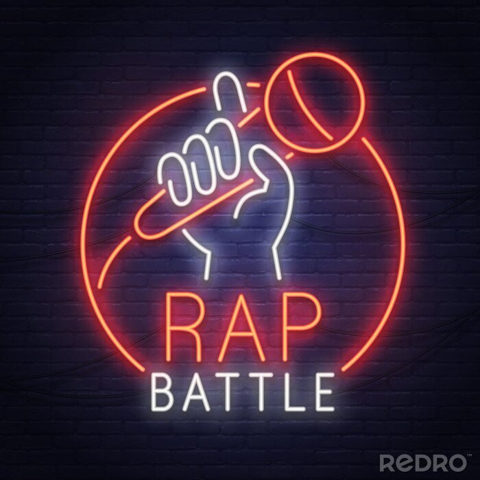 Poster Rap Battle neonbord. Neon bord. Opstaand logo, embleem en label. Helder bord, lichte banner.