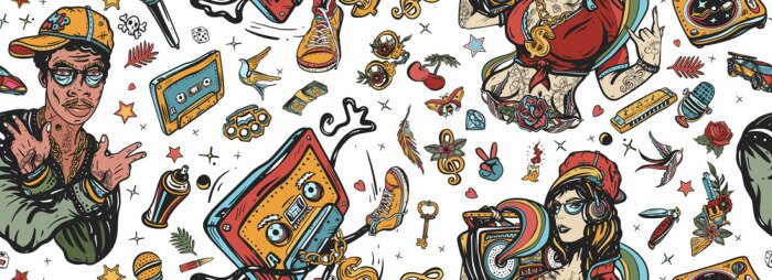 Poster Rap music seamless pattern. Old school tattoo style. Hip hop girl, swag woman. African American man rapper. Audio cassette, break dance art. Street ghetto lifestyle. Pop culture musical background