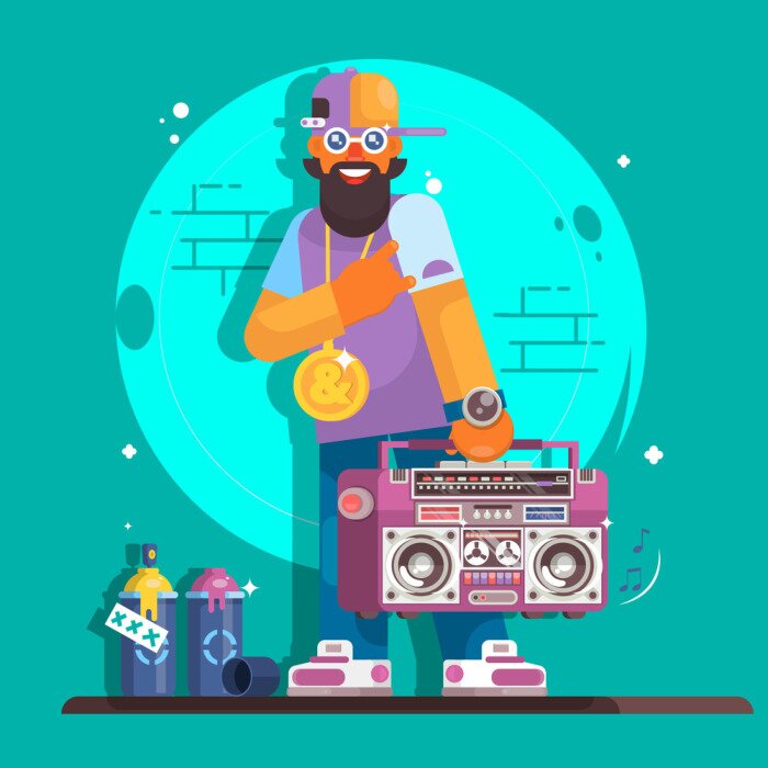 Poster Rapper muzikant in een honkbalpet. Modieuze hip hop man dude. Vector karakter illustratie