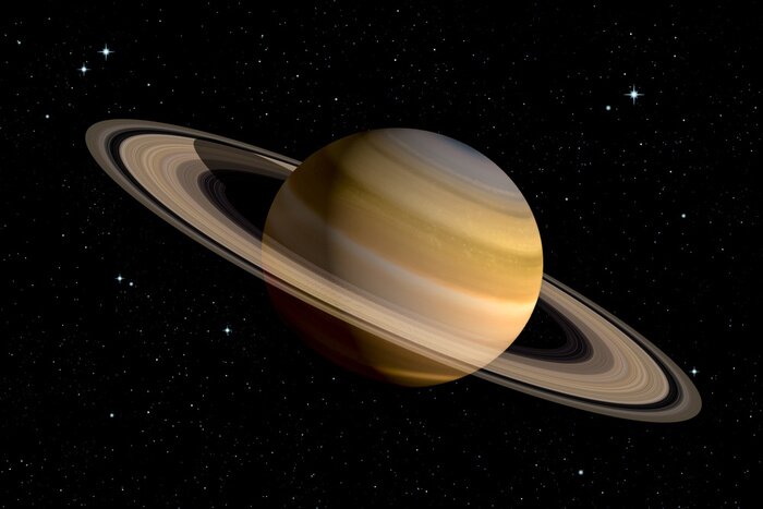 Poster Realistic 3d rendering of Saturn planet with With its rings. Space illustration. Some elements furnished by NASA.