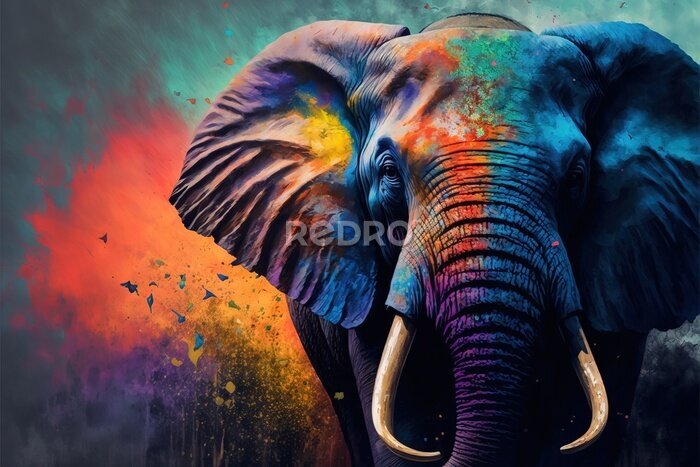 Poster Realistische schildering van een kleurrijke olifant