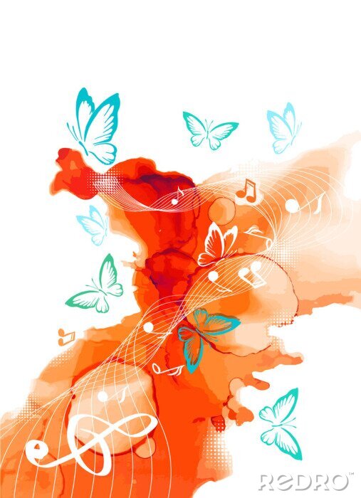 Poster Red orange blue flying butterflies in watercolor. Mixed media. Abstract background. Vector illustration