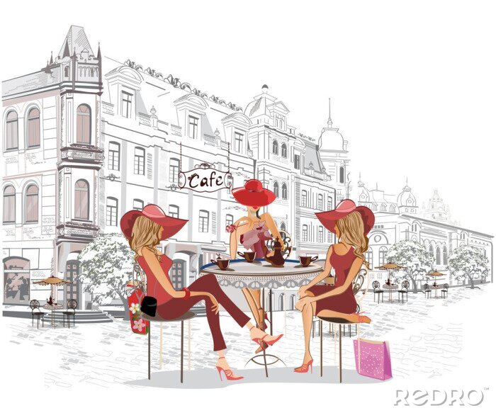 Poster Reeks straatkoffie met mensen, mannen en vrouwen, in de oude stad, vectorillustratie. Obers dienen de tafels.