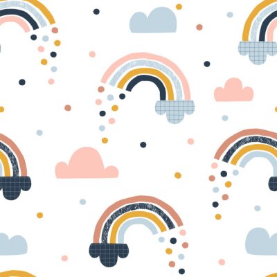 Regenboog tussen wolken en kleurrijke regendruppels