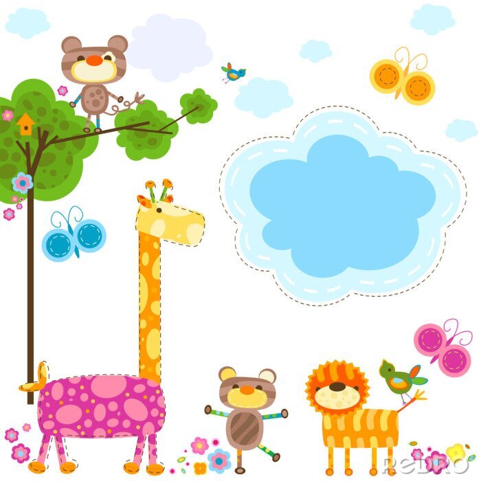 Poster Regenboogdieren onder een blauwe wolk