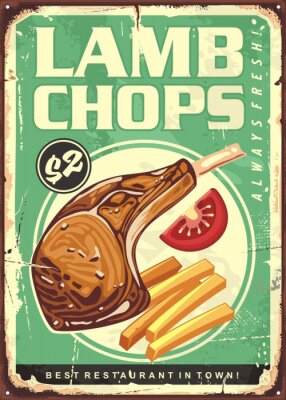 Poster Restaurant menu sign with grilled lamb loin chops, french fries and fresh tomato. Vintage food poster design. Fast food retro vector illustration.