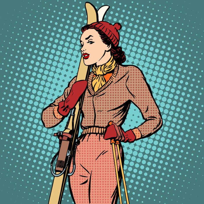 Poster Retro-achtige afbeelding van een vrouw op ski's.