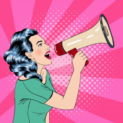 Poster Retro-afbeelding van een vrouw met een megafoon op een roze achtergrond.