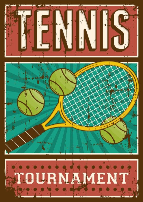 Poster Retro-afbeeldingen van een tennisracket, bal en opschrift.
