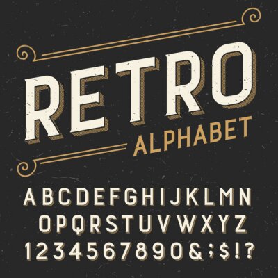 Retro alfabet vector lettertype. Serif soort letters, cijfers en symbolen. op een donkere verontruste gekraste achtergrond. Stock vector typografie voor etiketten, koppen, posters etc.