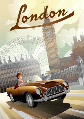 Poster Retro auto in de straten van Londen