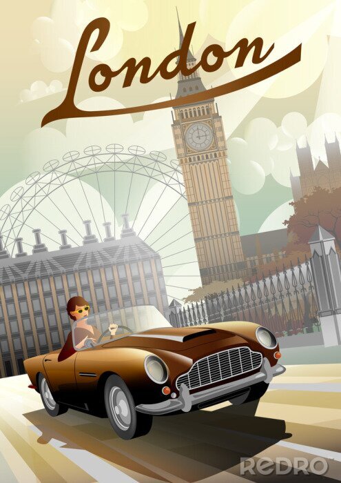 Poster Retro auto in de straten van Londen