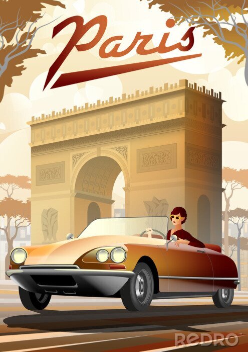 Poster Retro auto in de straten van Parijs