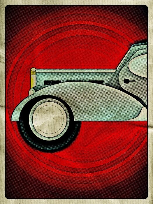 Poster Retro auto op een rode achtergrond